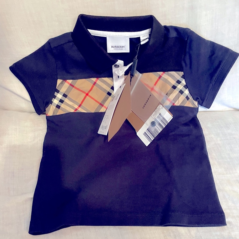 Brand New w/ Tags Burberry Polo Shirt w/ Signature Print, Navy Blue Color